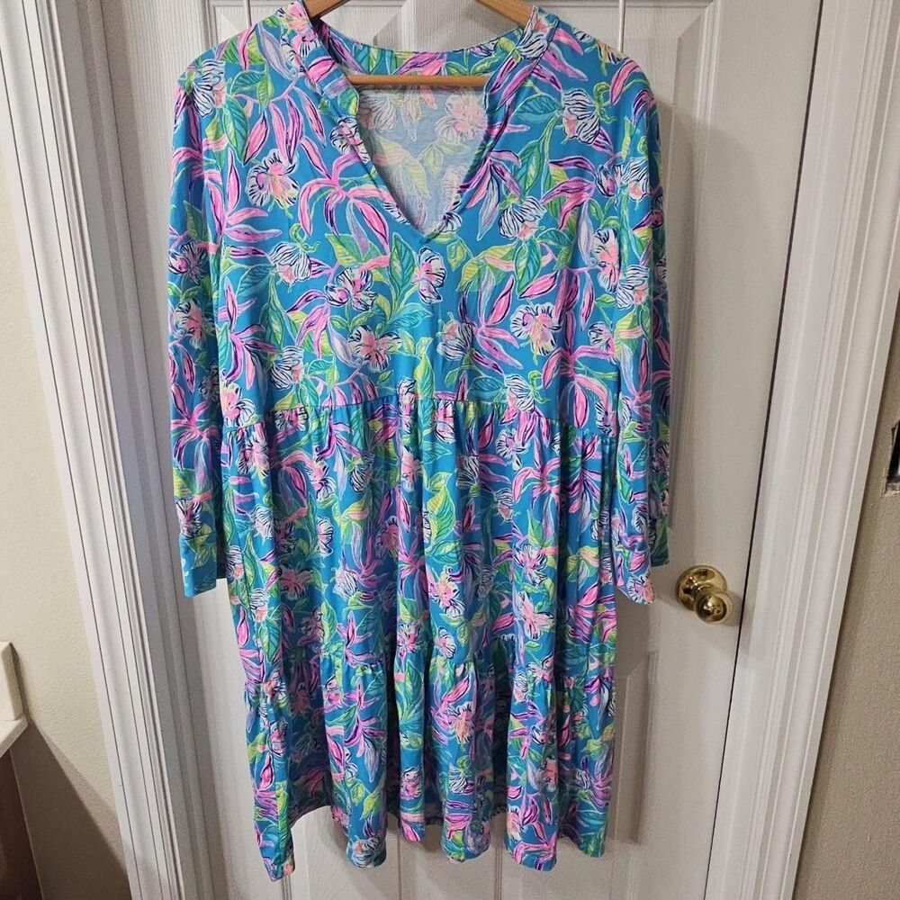 Lilly Pullitzer Floral Long Sleeve Tiered Dress Blue Pink XL